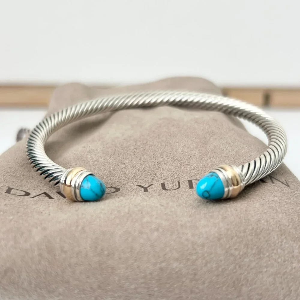 Sterling Silver with Gold 5mm Turquoise Cable Cuff Bangle Bracelet With 14K Gold - Picture 5 of 5
